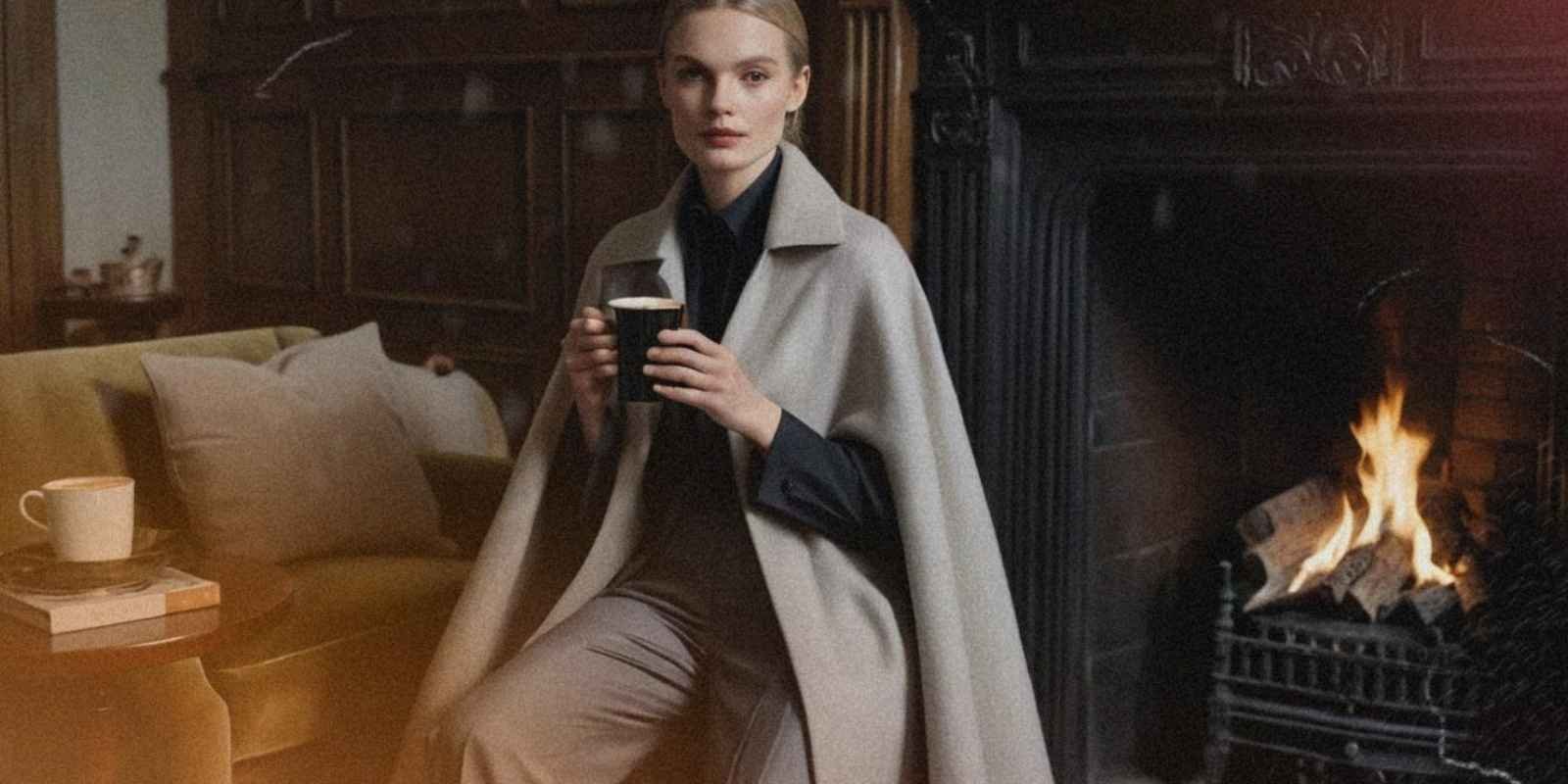 A luxurious cashmere cape styled with tailored trousers and a silk blouse, with the model holding a hot drink by a fireplace. 