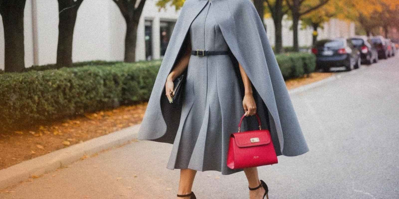 A gray cape worn over a midi dress, accessorized with a bold handbag and statement heels, perfect for a fall evening event. 