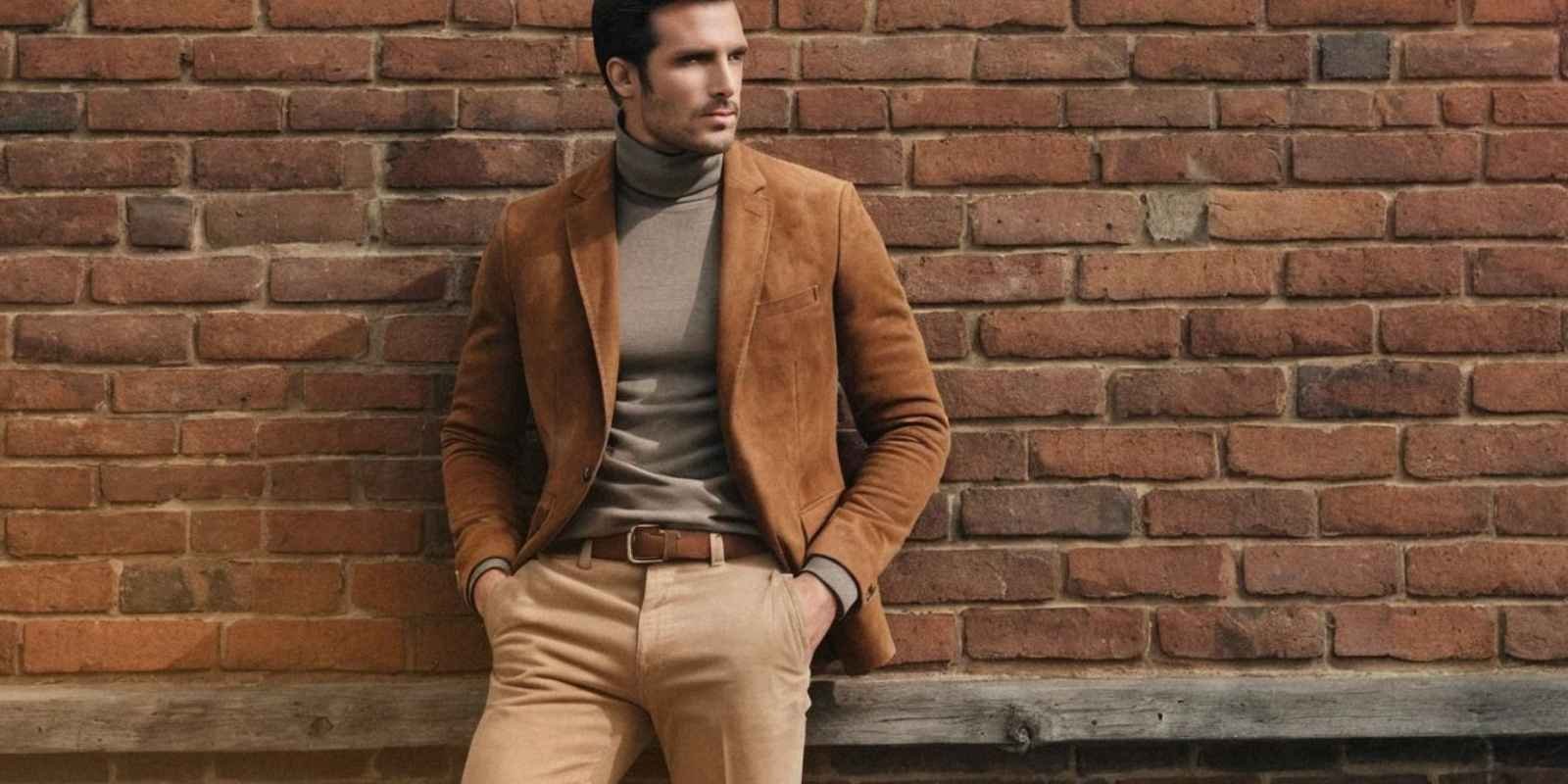 A fashionable man donning a brown suede blazer with a neutral turtleneck, slim-fit khaki pants, and Chelsea boots, leaning against a rustic brick wall.