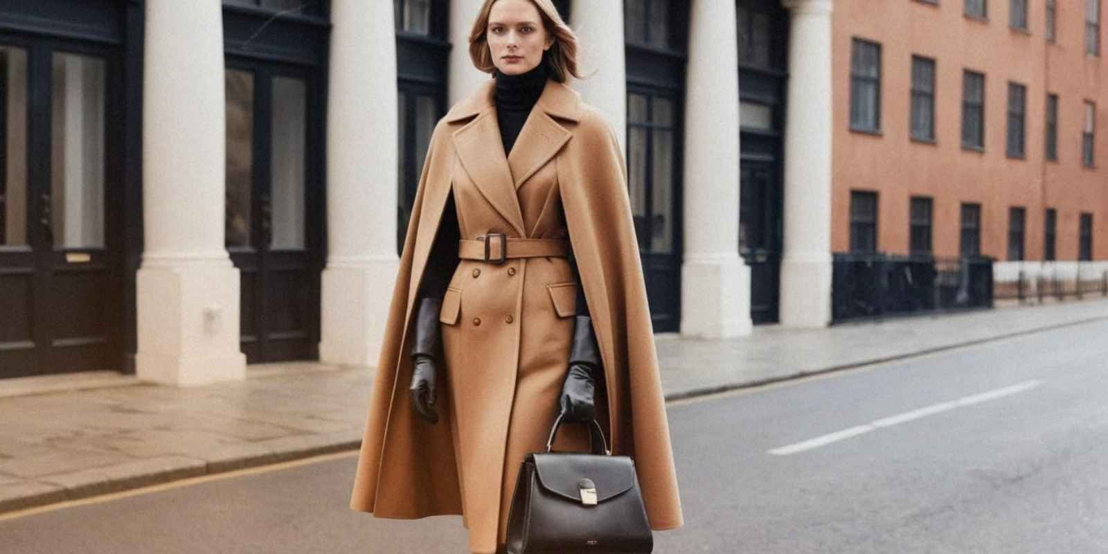 A sleek winter ensemble with a camel cape layered over a fitted coat, accessorized with leather gloves and a structured handbag. 