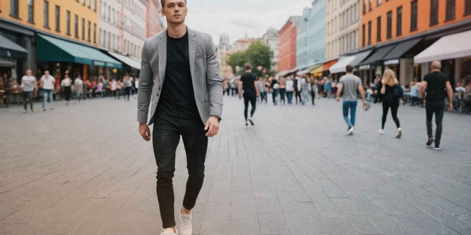 A man rocking a gray suit jacket with a black t-shirt, slim black jeans, and white sneakers, confidently walking in a vibrant city square.