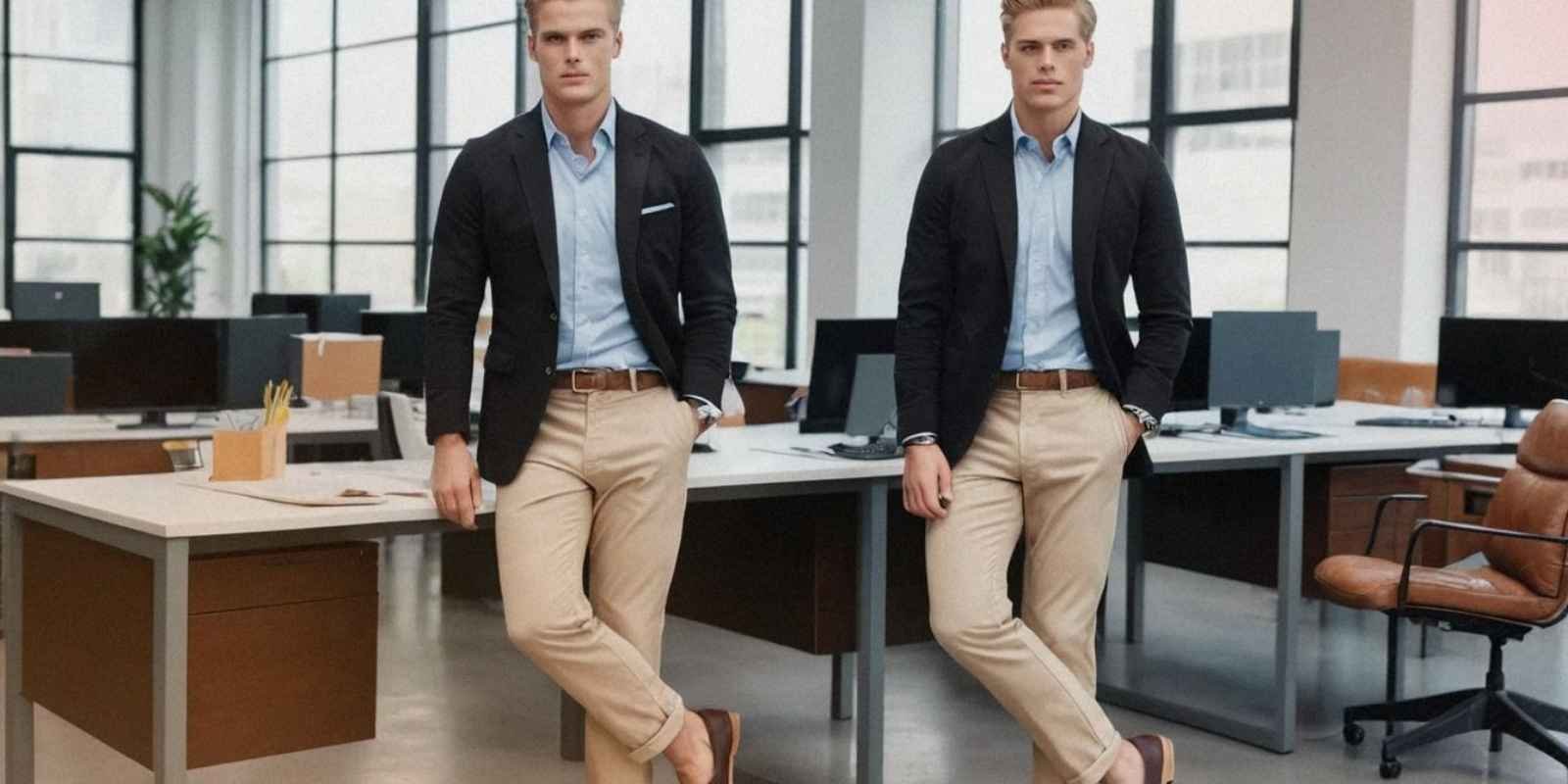 A business-casual outfit featuring a light blue dress shirt with rolled-up sleeves, styled with a black blazer, beige chinos, and dark brown loafers, in a modern office environment.