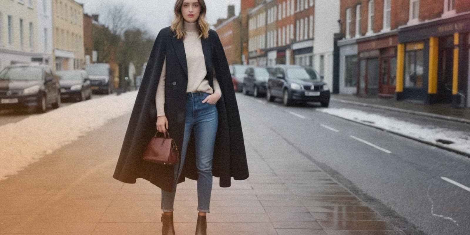 A fashionable layering outfit with a cape worn over a longline blazer and leather ankle boots, styled for an urban winter setting. 