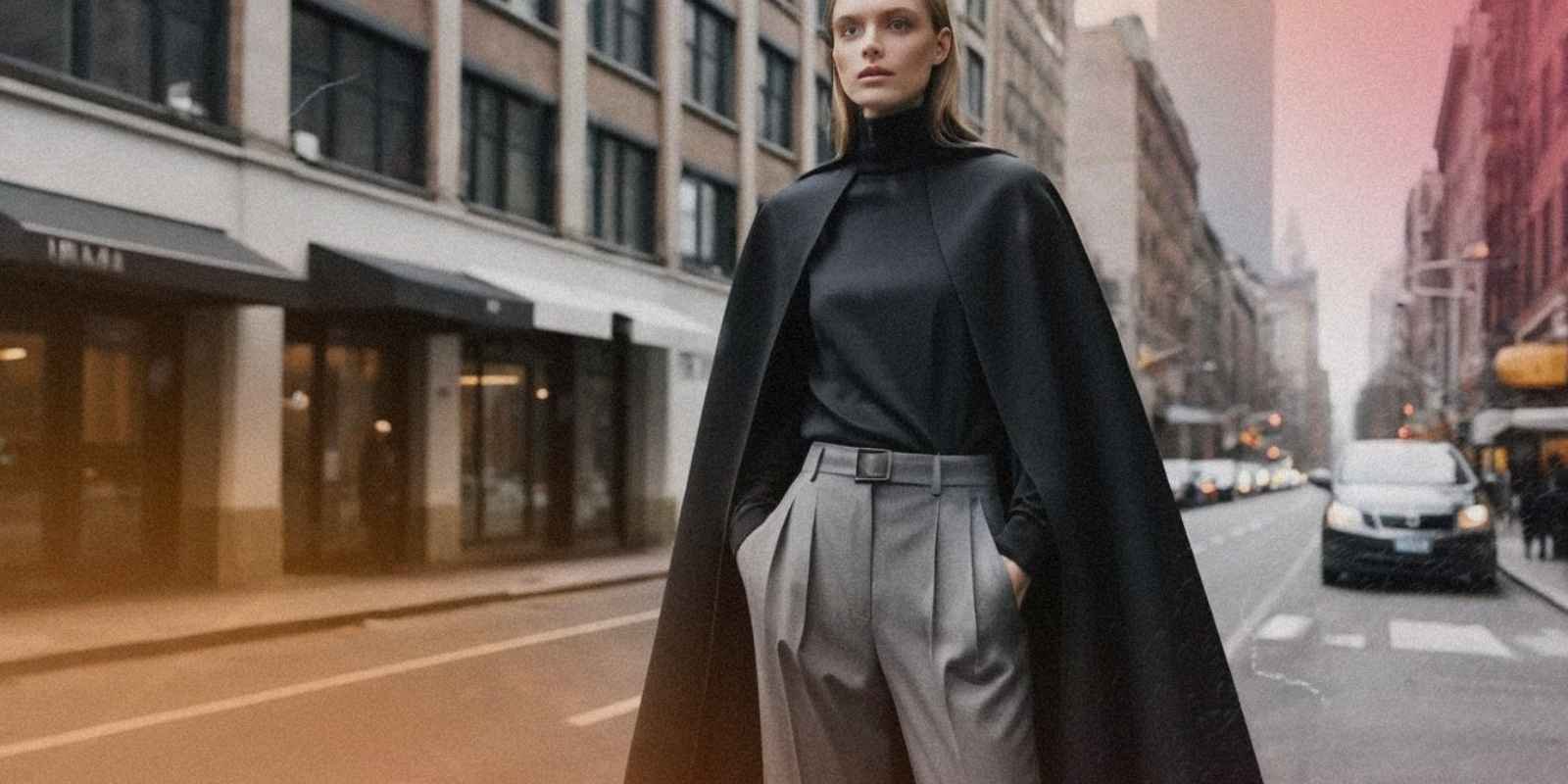 A sleek, modern black cape layered over a gray turtleneck and tailored trousers, set in an urban cityscape. 