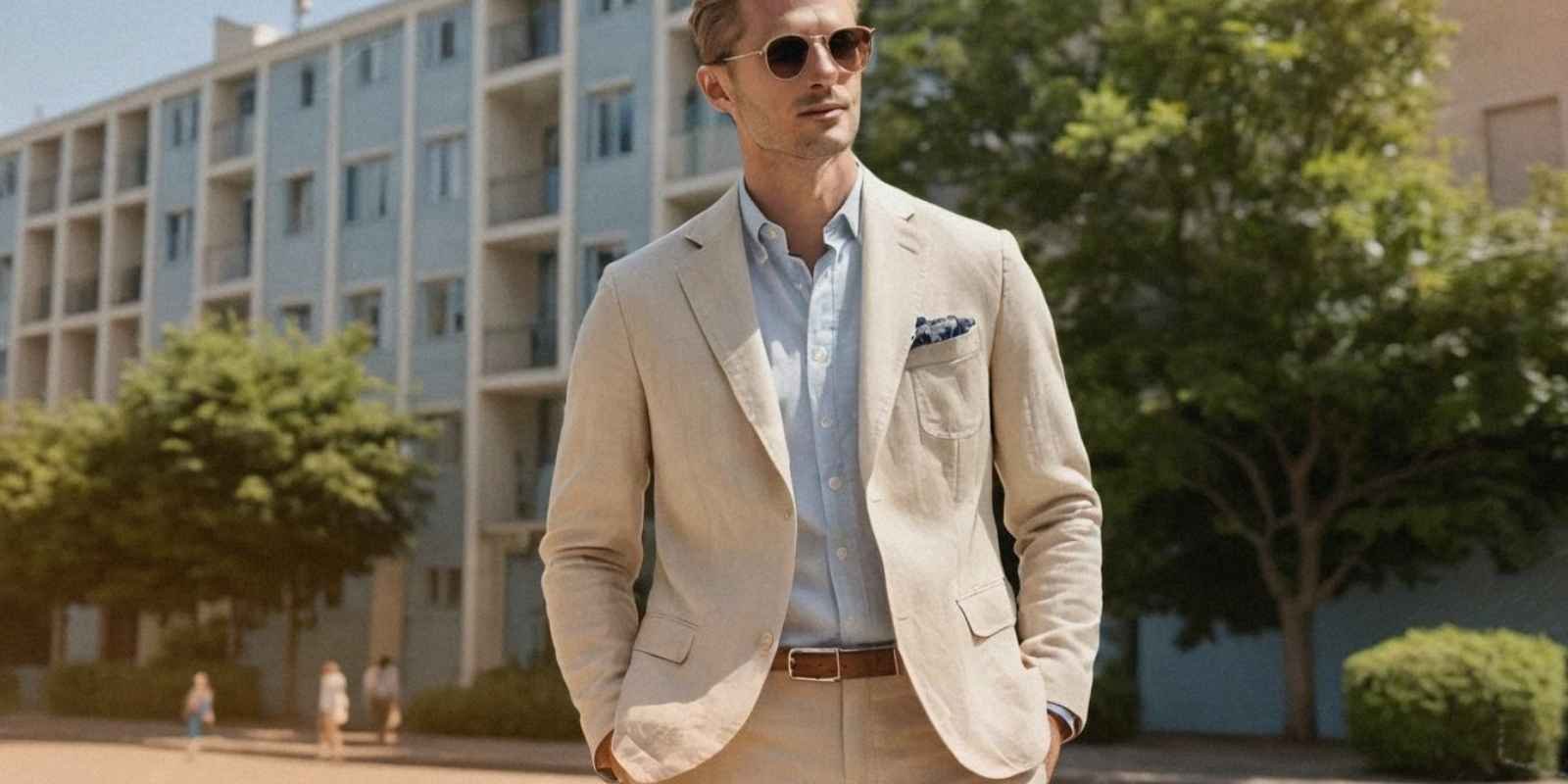 A stylish man wearing a beige linen suit jacket paired with light blue chinos and loafers, standing outdoors on a sunny day, exuding a casual yet polished vibe.