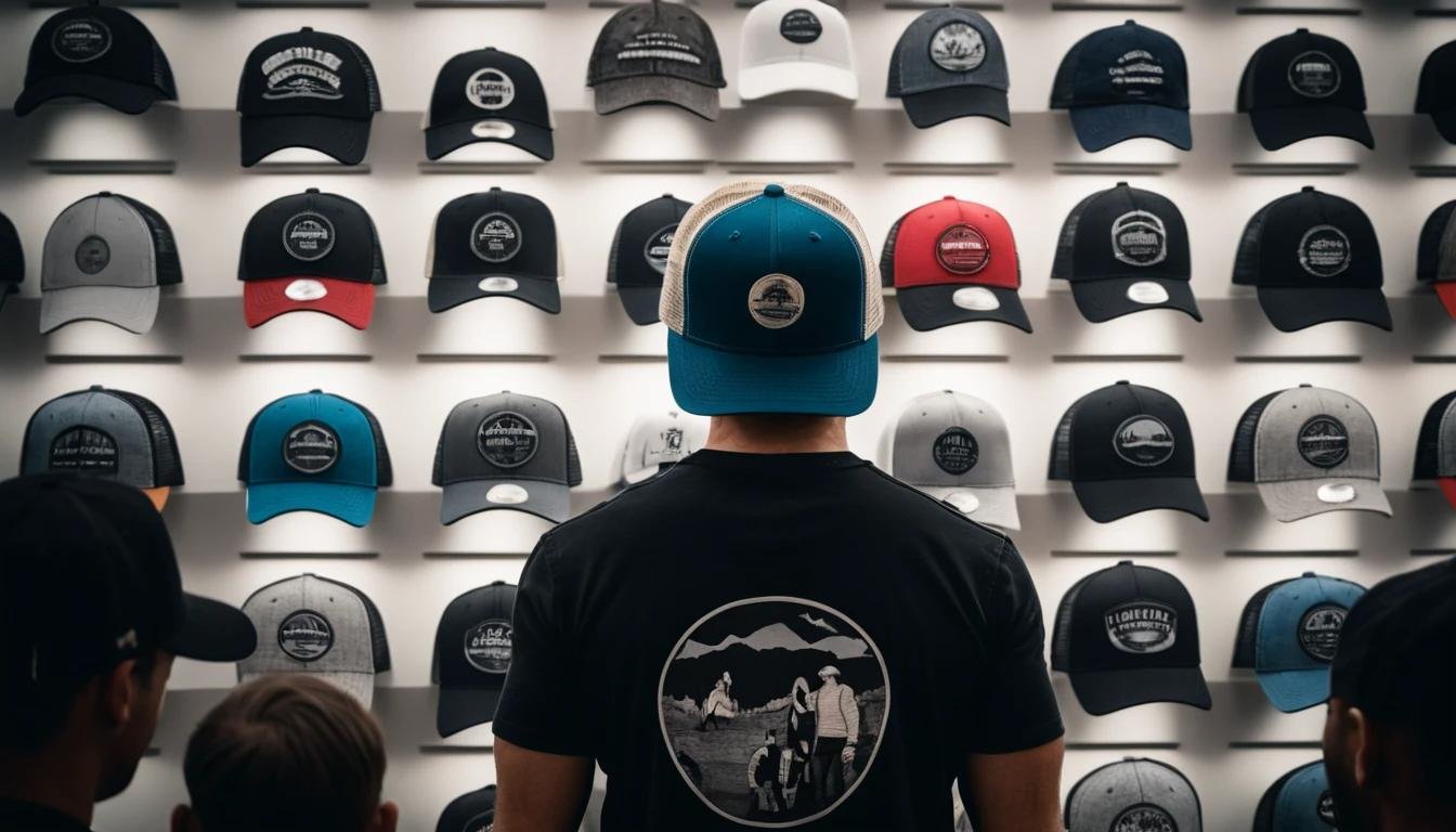 A confident individual wearing a bold trucker hat, surrounded by silhouettes of onlookers admiring their outfit, highlighting how attitude affects perception.