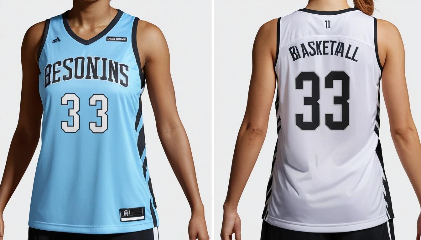 A comparison image showing a unisex basketball jersey on one side and a women’s basketball jersey on the other, highlighting the differences in fit and style, with explanatory labels.