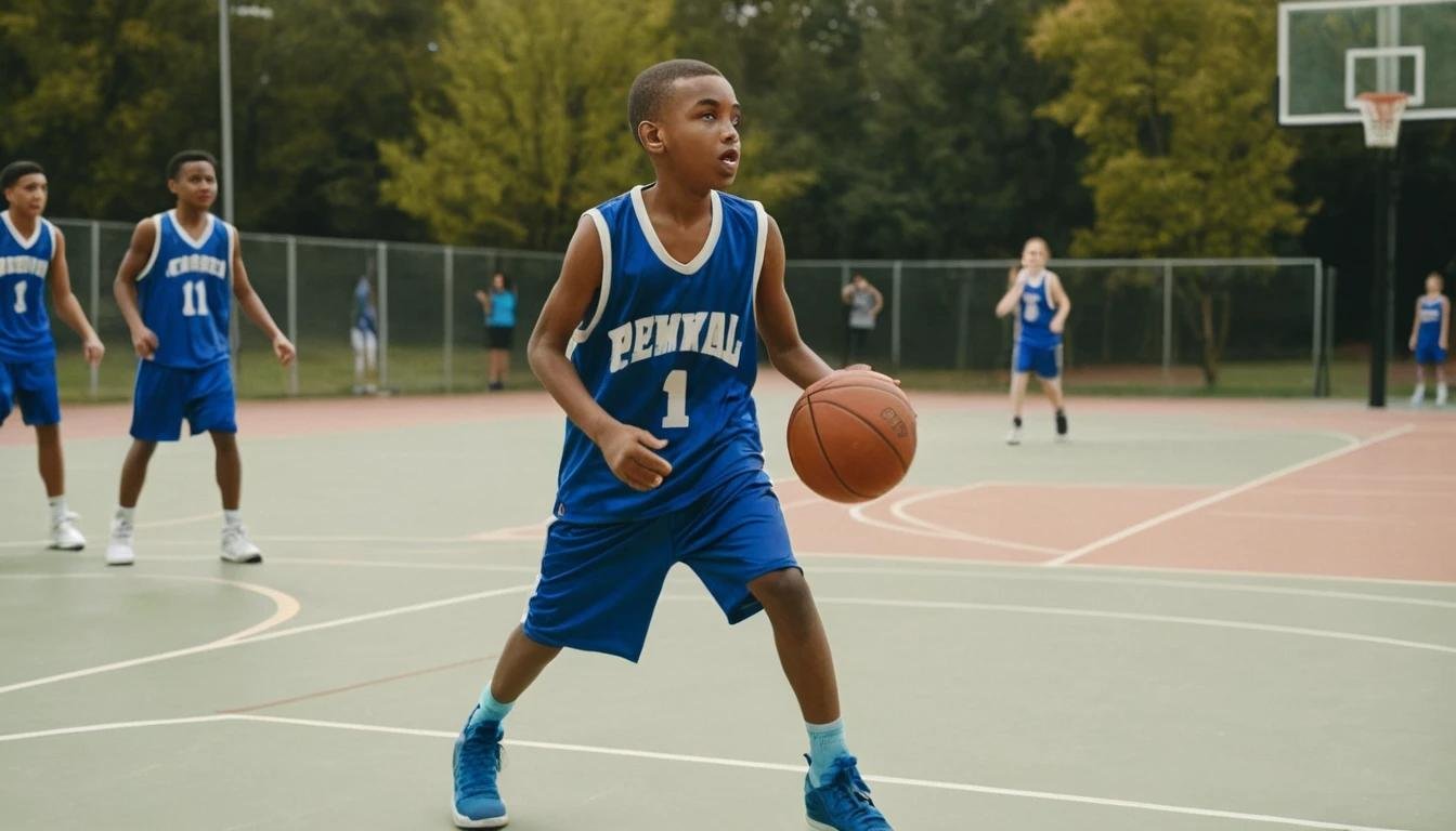 A young basketball player wearing a loose youth jersey, dribbling a ball on an outdoor court with teammates cheering in the background.