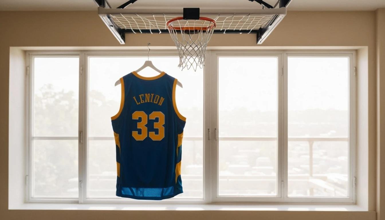 A basketball jersey hanging neatly on a drying rack in a bright, well-ventilated room, sunlight filtering softly through the window