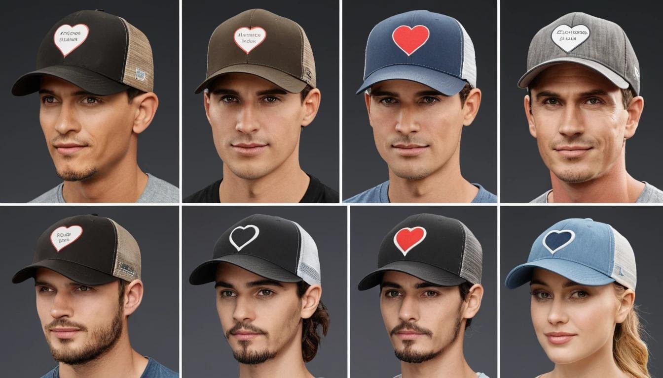 A visual guide comparing face shapes (oval, round, square, heart-shaped) with corresponding trucker hat styles, showing how different designs flatter different features.