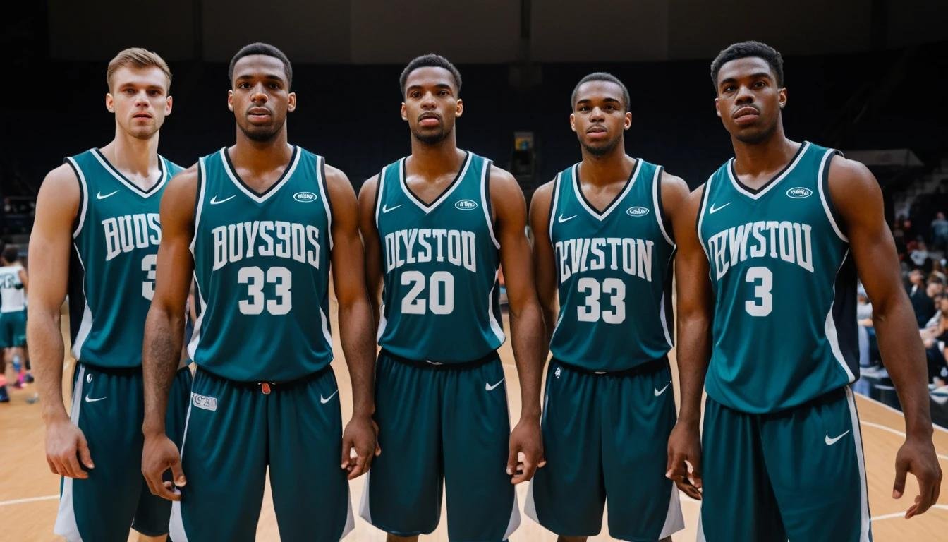 Players in a basketball game wearing reversible jerseys, dynamically switching team colors during a break to highlight versatility.