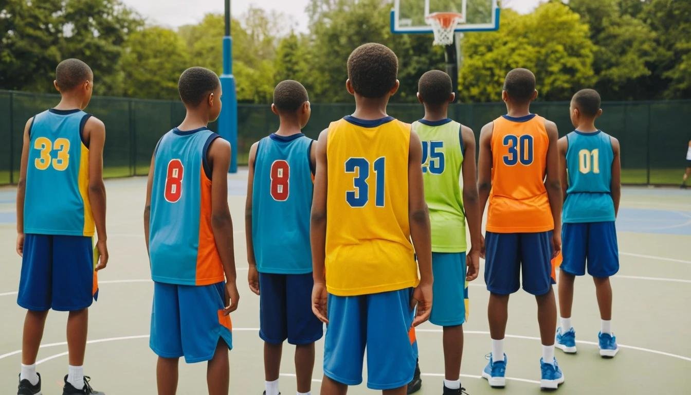 A youth basketball team wearing colorful, well-fitted jerseys during practice on an outdoor court, showcasing diverse styles and sizes for different age groups.