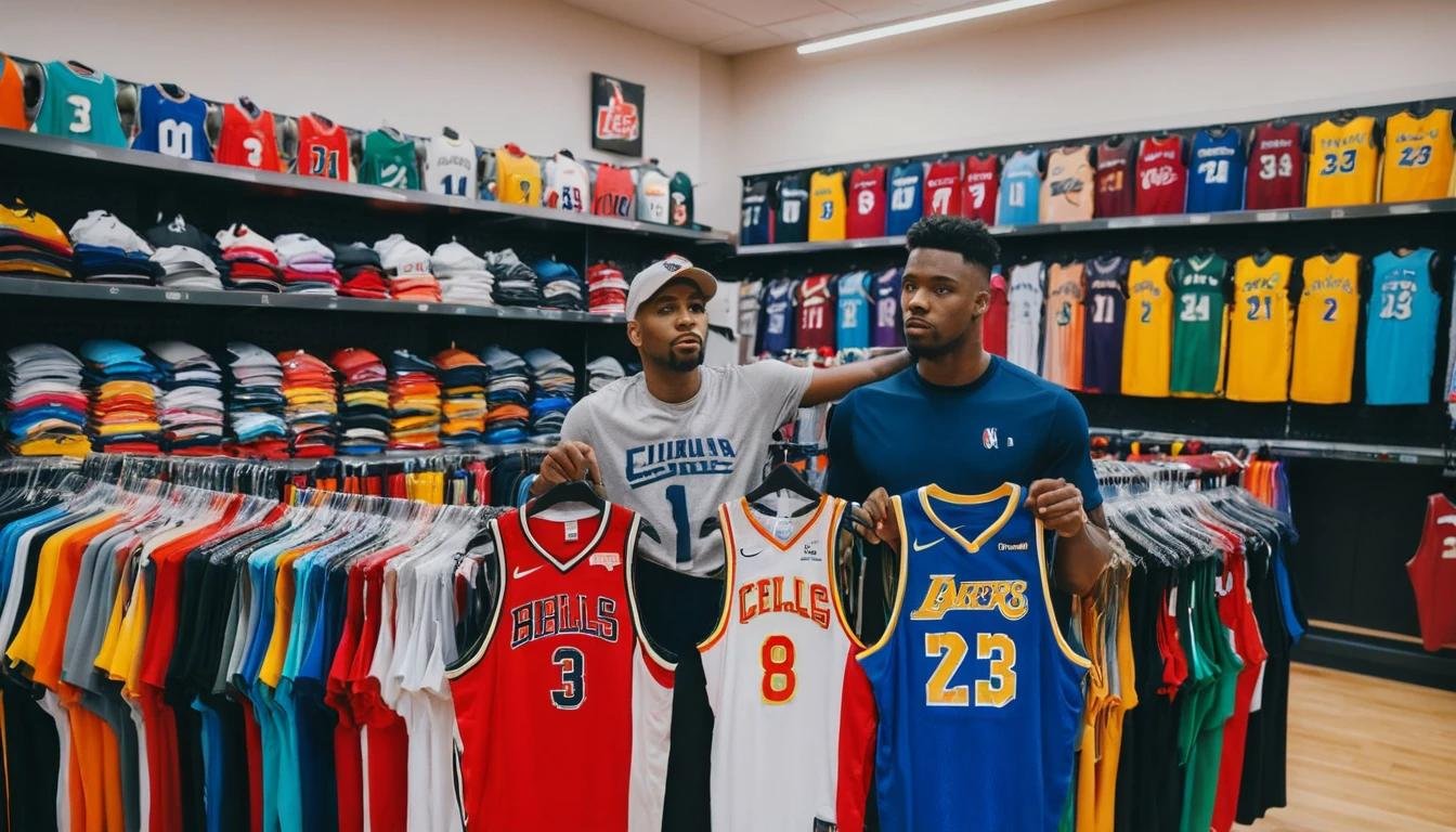 An athlete browsing basketball jerseys in a sports store, holding up a loose jersey in one hand and a fitted jersey in the other, surrounded by racks of colorful apparel.