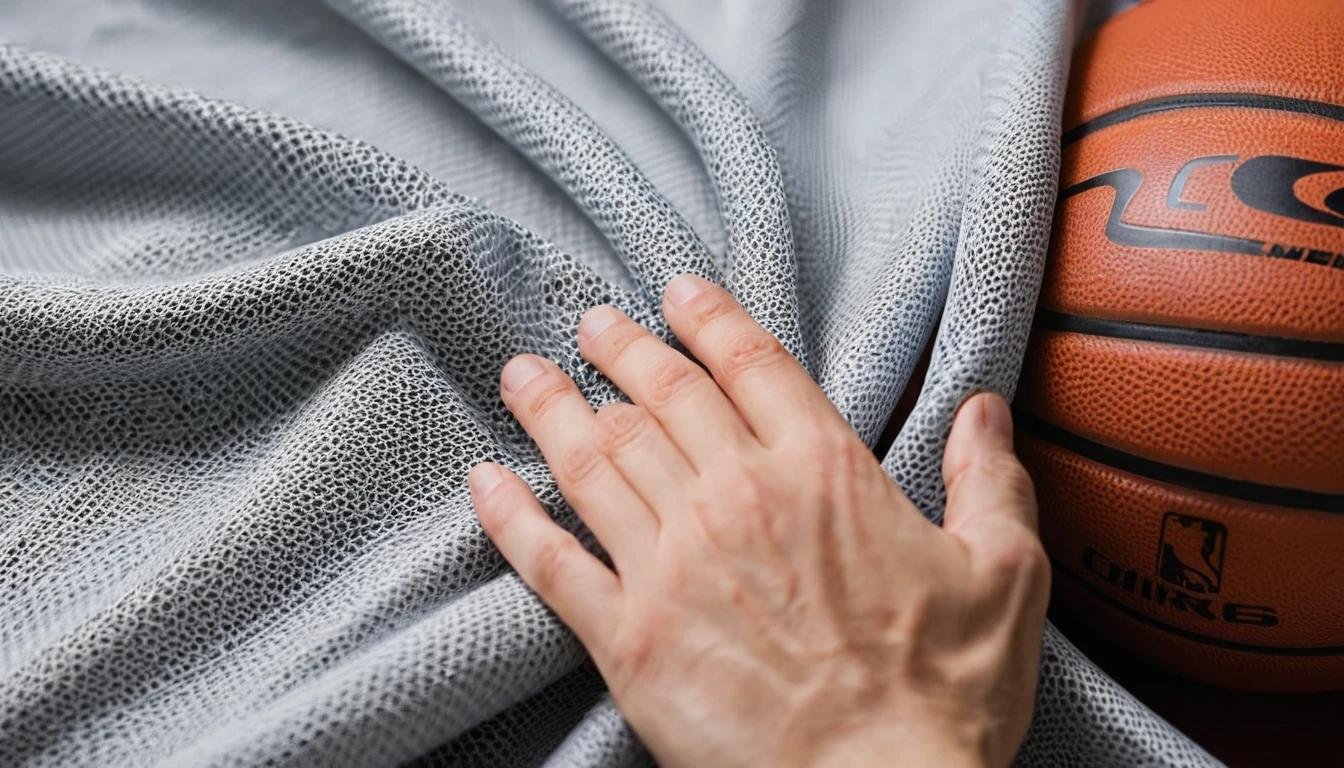 A detailed close-up of a basketball jersey fabric, emphasizing lightweight and breathable mesh material, with a hand touching it to show texture and quality.