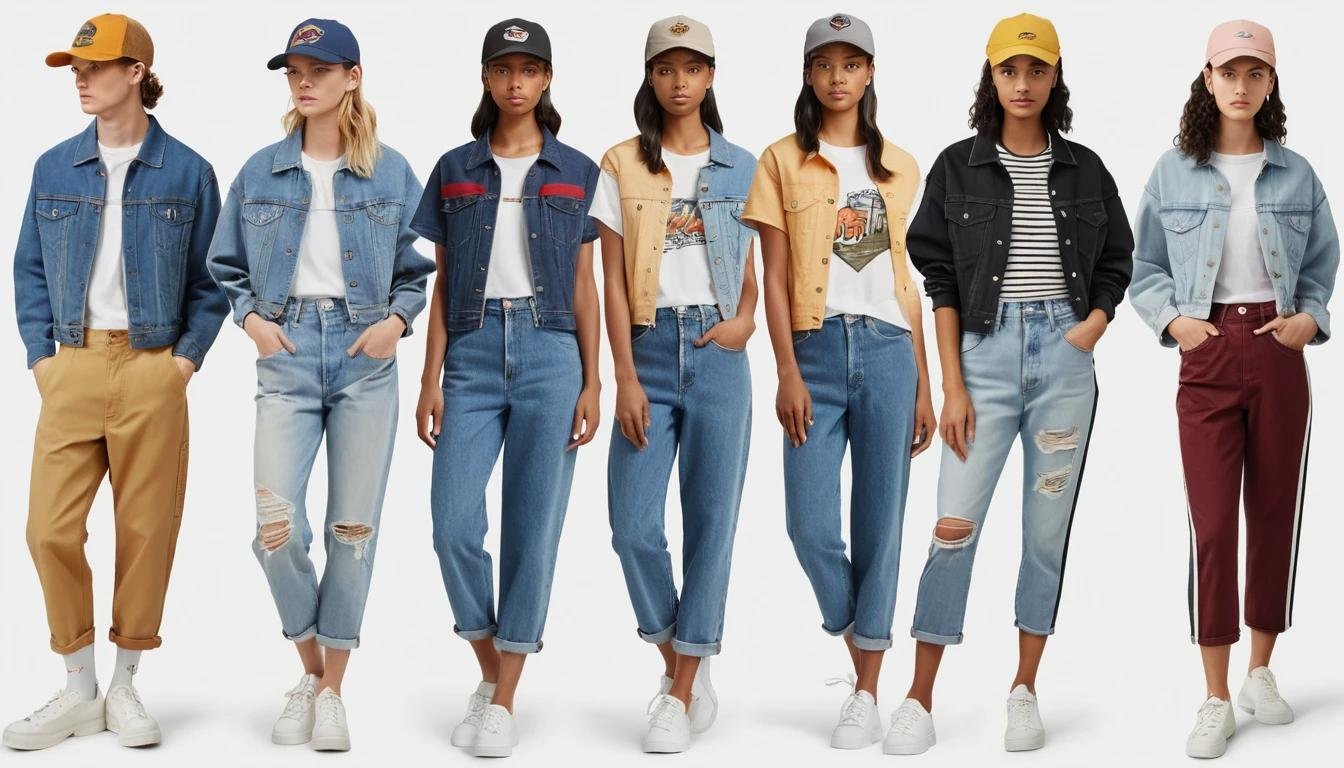 A montage of outfits, including casual streetwear, vintage styles, and sporty looks, each accessorized with a uniquely styled trucker hat.