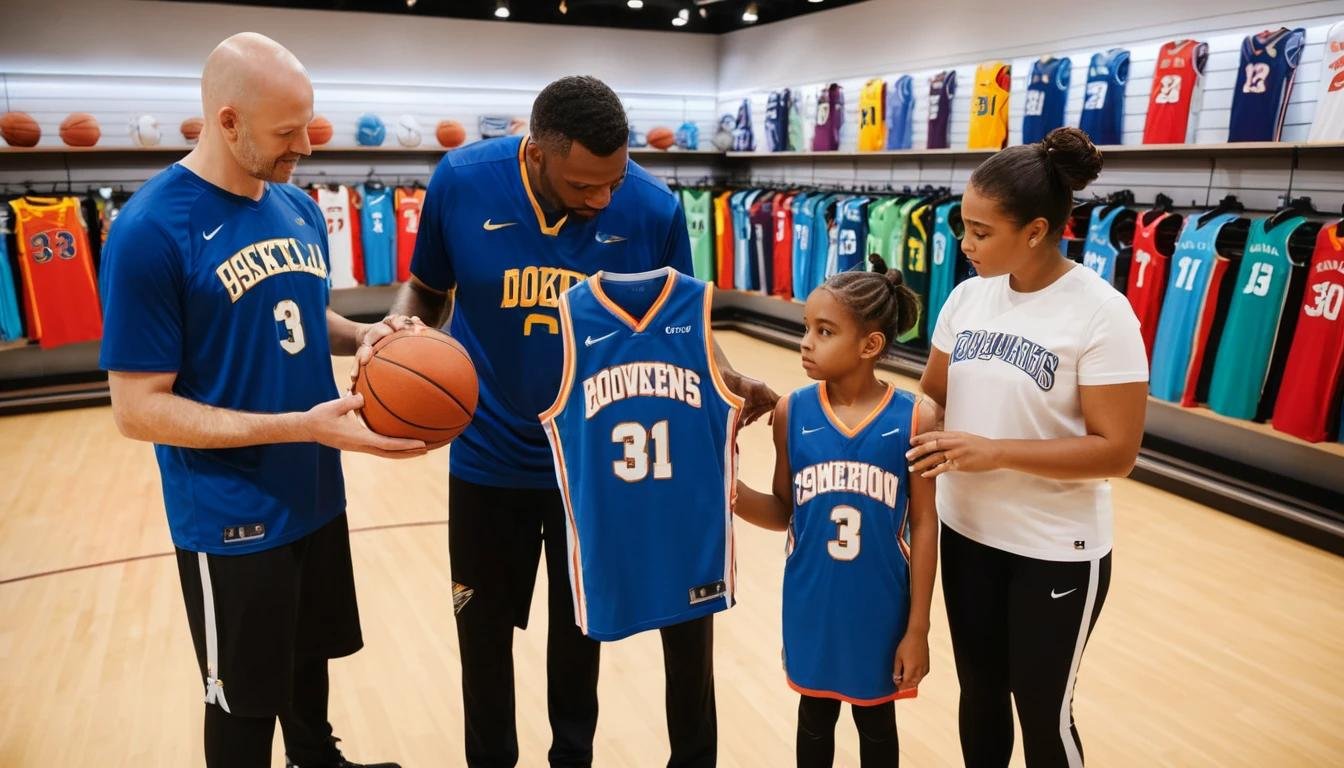 A family shopping for basketball jerseys in a modern sports store, with the parent helping a child try on a youth-sized jersey, and an attendant showing size charts.