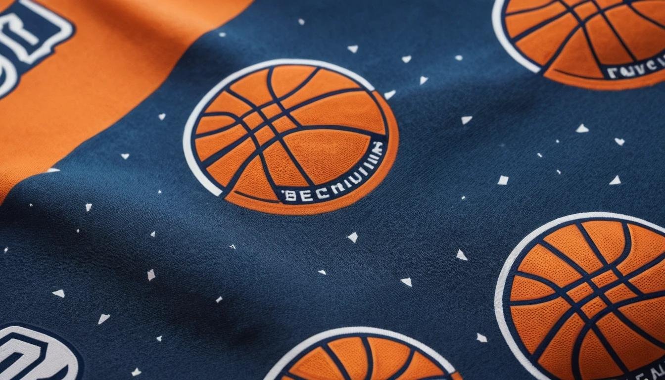 A close-up of a basketball jersey fabric showing lightweight material, moisture-wicking properties, and intricate details of team logos.