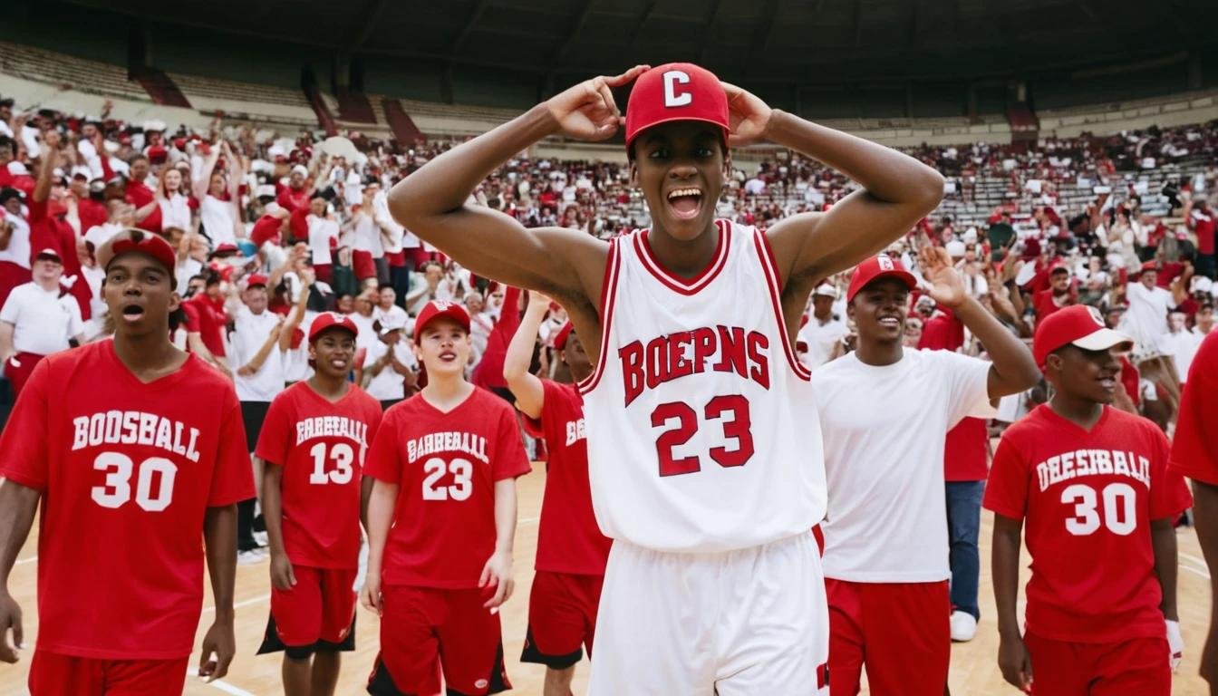 A young adult wearing a white basketball jersey with bold red numbers, styled with matching red basketball shorts, sneakers, and a baseball cap. They are cheering in a lively stadium setting.