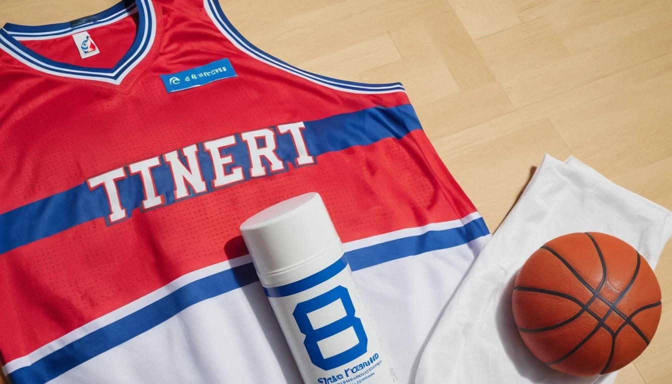 A vibrant basketball jersey with a noticeable stain, alongside a stain remover and a soft cloth used for spot cleaning.