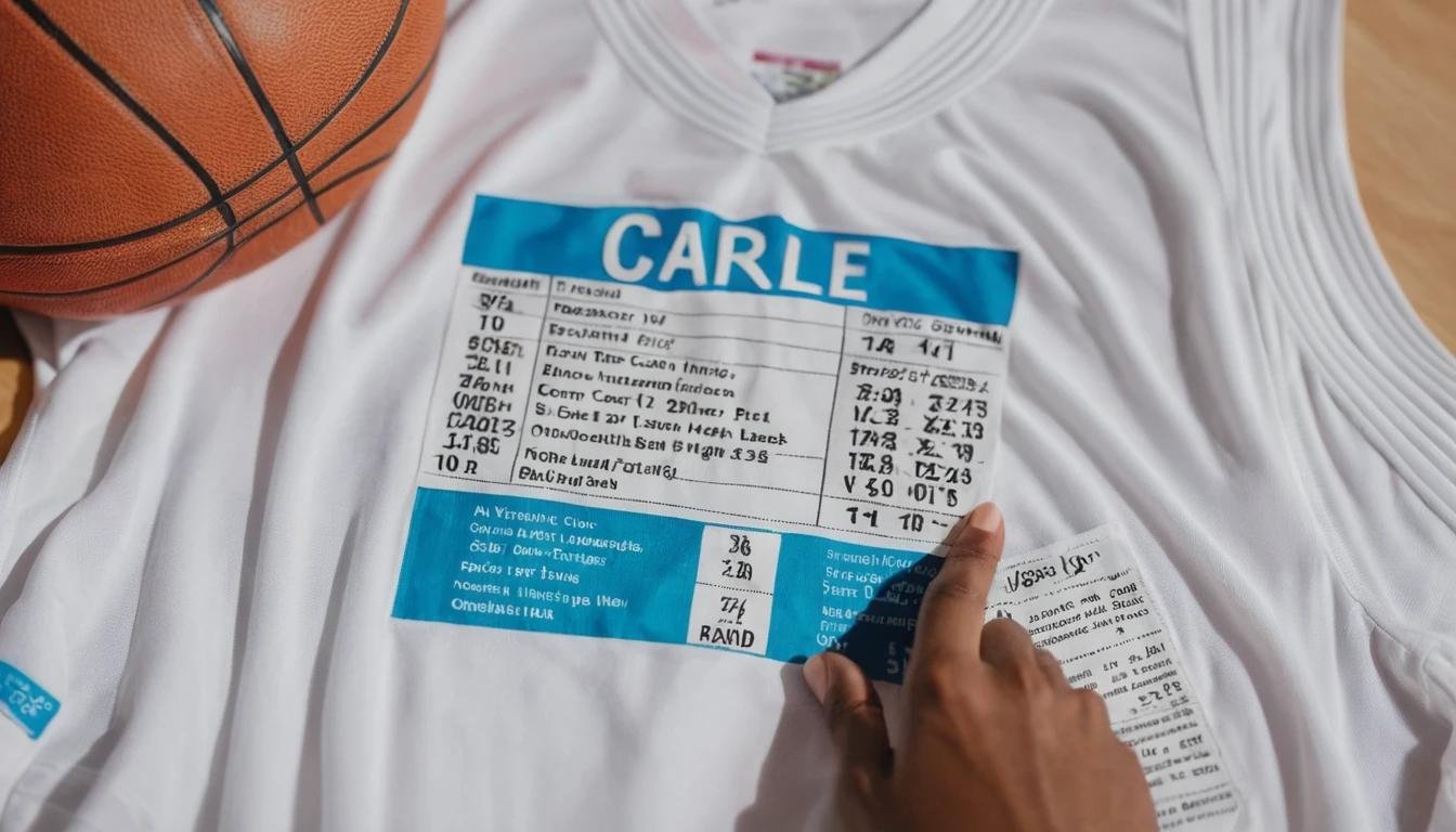 A person carefully reading the care label on a basketball jersey, with clear instructions for washing and drying in focus.