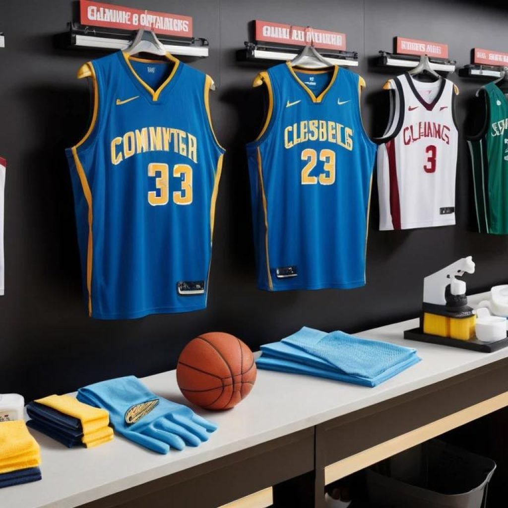 A professional cleaning setup with specialized tools and products designed for sports apparel, emphasizing a focus on basketball jerseys.