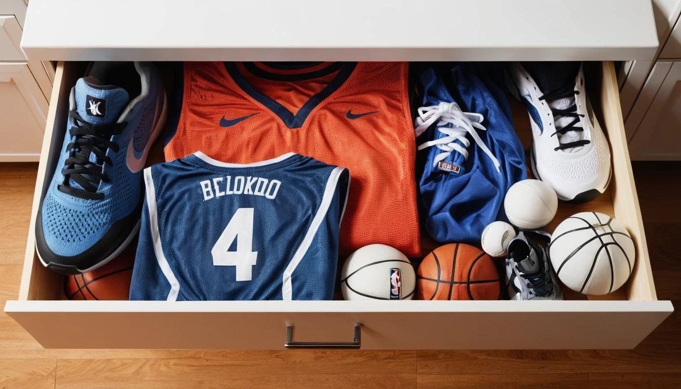 A neatly folded basketball jersey stored in a drawer lined with breathable fabric, surrounded by other well-maintained sports gear.